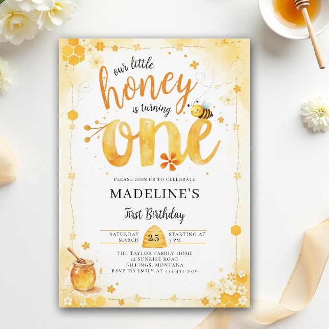 Convites Abelhinha Little Honey Bee Um Aquarela Fofa 1º Ani (little honey bee one first birthday party invitation bumblebee floral watercolor summer garden chic)