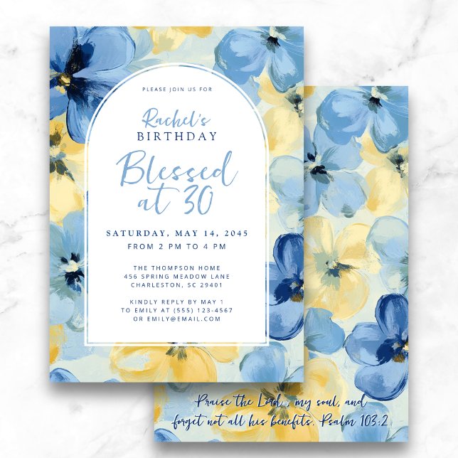 Convites Abençoado com 30 Faith Birthday Milestone Floral (Elegant "Blessed at 30" faith birthday invite with blue and yellow florals)