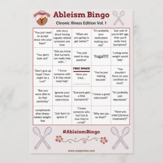 Convites Ableism Bingo Card Chronic Ilness Edition Vol. 1