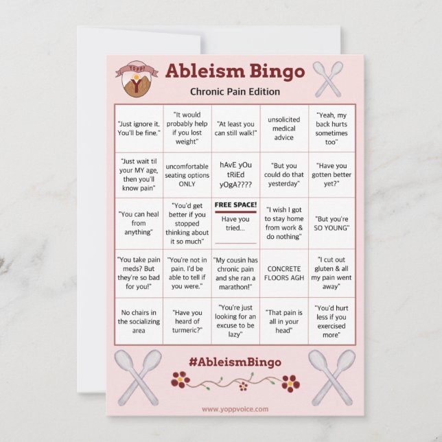 Convites Ableism Bingo Card Chronic Pain Edition (Frente)