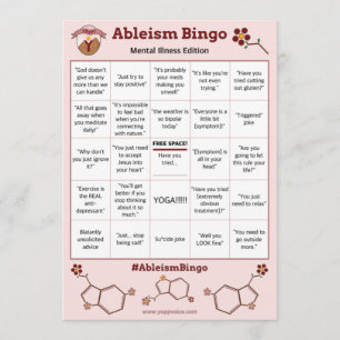 Convites Ableism Bingo Card Mental Illness Edition