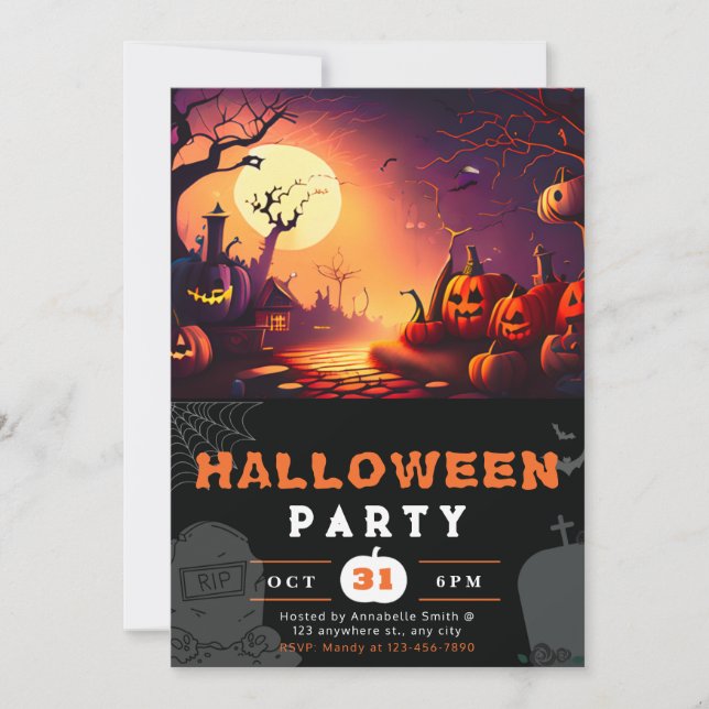 Convites Abóbora Assustadora Lua Cheia Halloween (Frente)