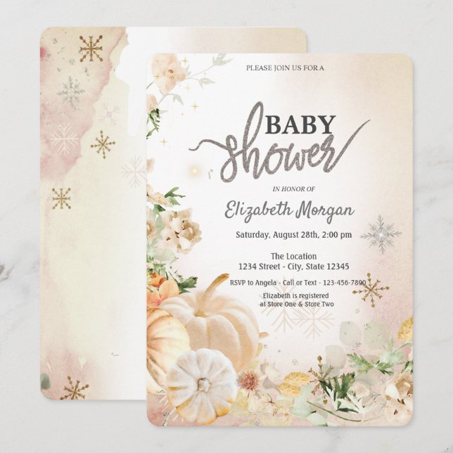 Convites Abóbora Boho Flores Flocos de Neve Chá de Bebê (Frente/Verso)