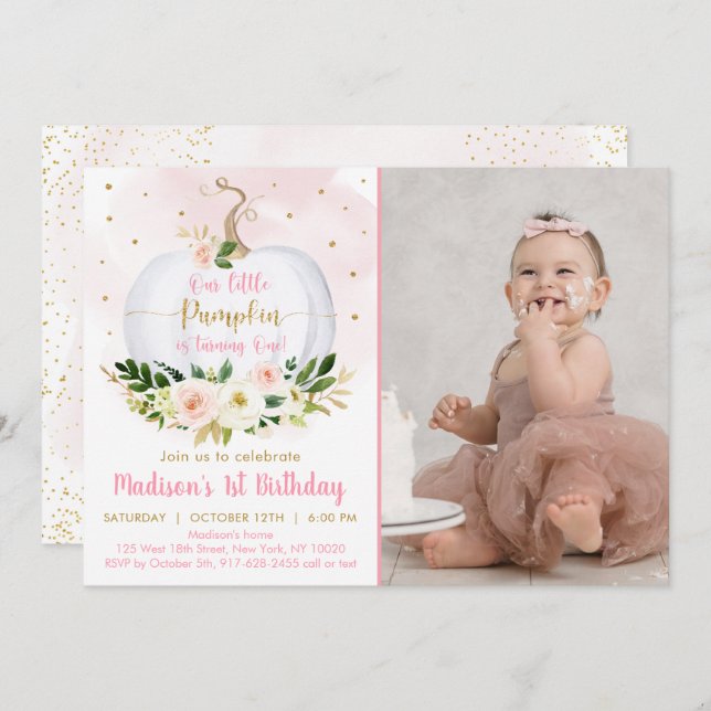 Convites Abóbora-Cabeça Rosa Dourada Confetti Primeiro Aniv (Frente/Verso)
