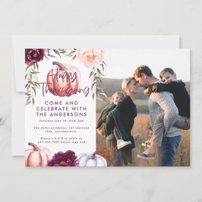 Convites abóbora cai roxa foto de ação de graças (Frente)