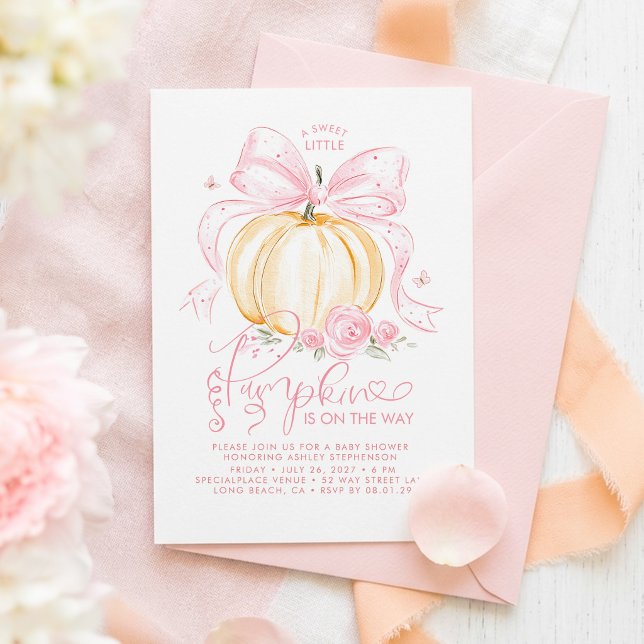 Convites Abóbora com Laço Rosa Chique Baby Shower de Outono (Fall Baby Shower Invites)