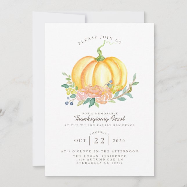 Convites Abóbora De Aquarela | Banquete de Ação de Graças (Frente)