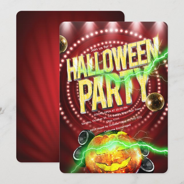 Convites Abóbora de Discoteca de Halloween Vermelho Retro (Frente/Verso)