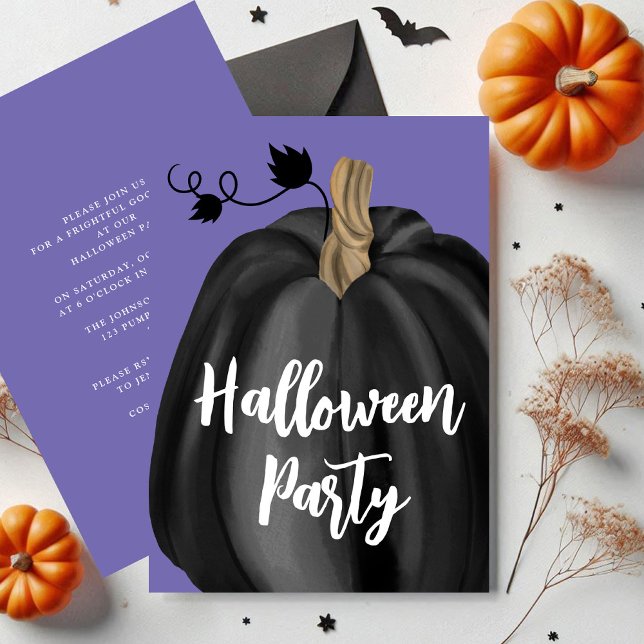 Convites Abóbora de festa de Halloween com roteiro roxo fof (Cute Purple Script Pumpkin Halloween Party Invitation)