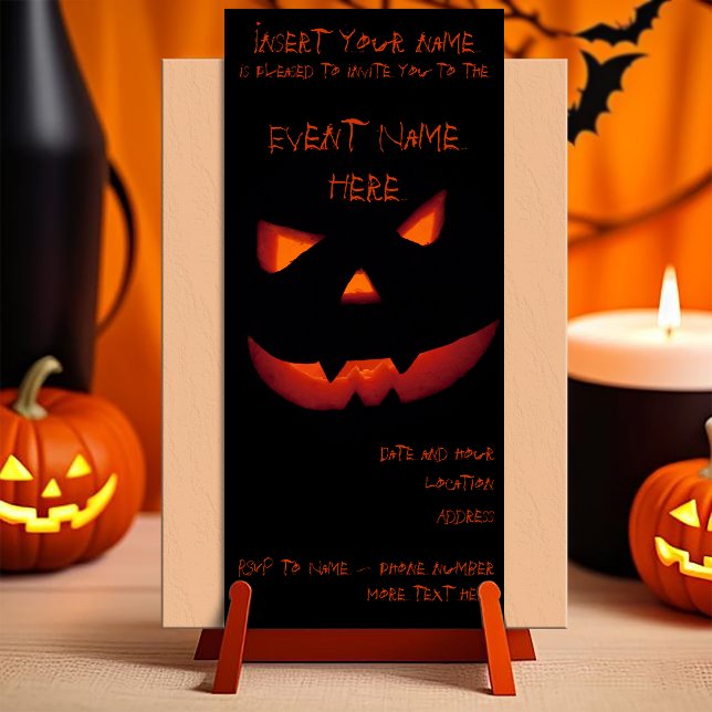 Convites Abóbora de Halloween 001 (Customizable invitation with the image of a scary smiling halloween carved pumpkin. )