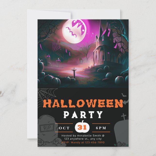 Convites Abóbora de Halloween Assustadora com Lua Cheia (Frente)