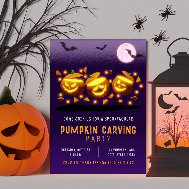 Convites Abóbora de Halloween Assustadora Laranja e Roxa (Spooky Halloween Pumpkin Carving Orange & Purple Invitation)