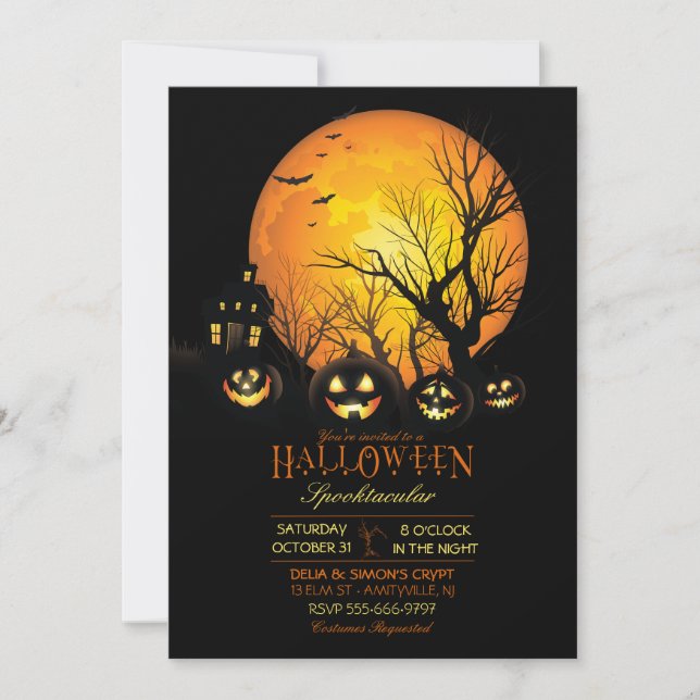 Convites Abóbora de Halloween Assustadora Lua Cheia Escura (Frente)