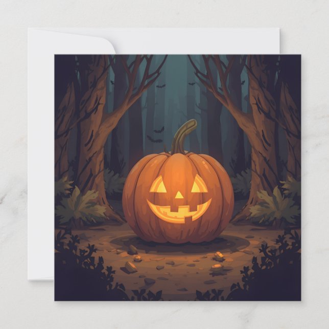 Convites Abóbora de Halloween Brilhando na Floresta (Frente)