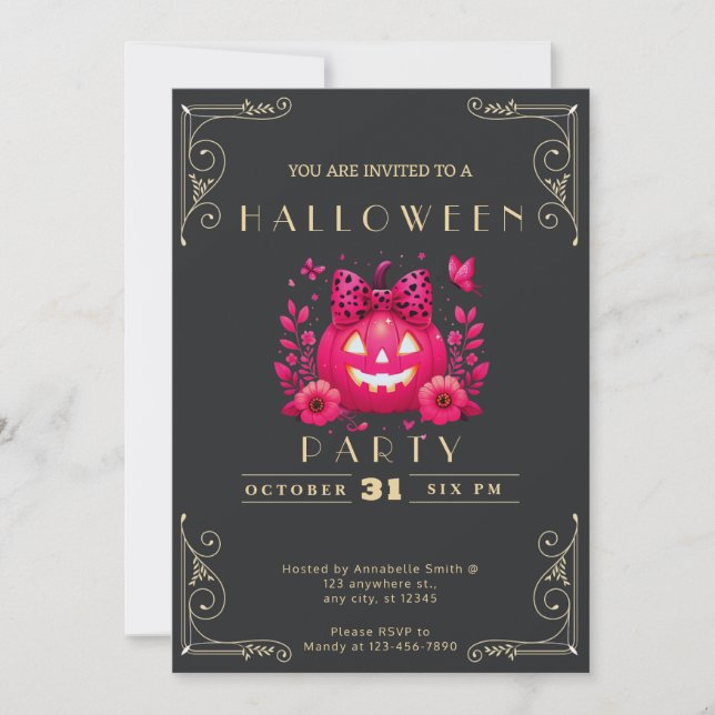 Convites Abóbora de Halloween Chalkboard Preto e Dourado (Frente)
