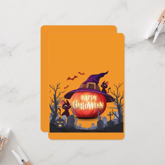 Convites Abóbora de Halloween, Gatos e Chapéu de Bruxa (Frente/Verso In Situ)