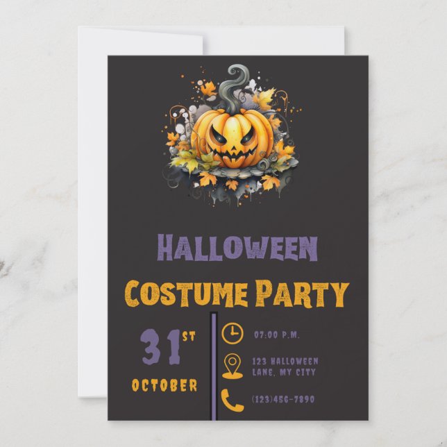Convites Abóbora de Halloween Moderna e Assustadora Preta (Frente)