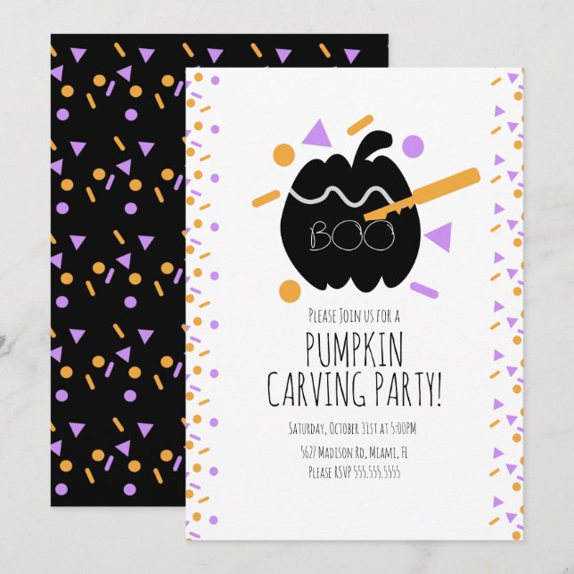 Convites Abóbora de Halloween preta para entalhe com confet (Frente/Verso)