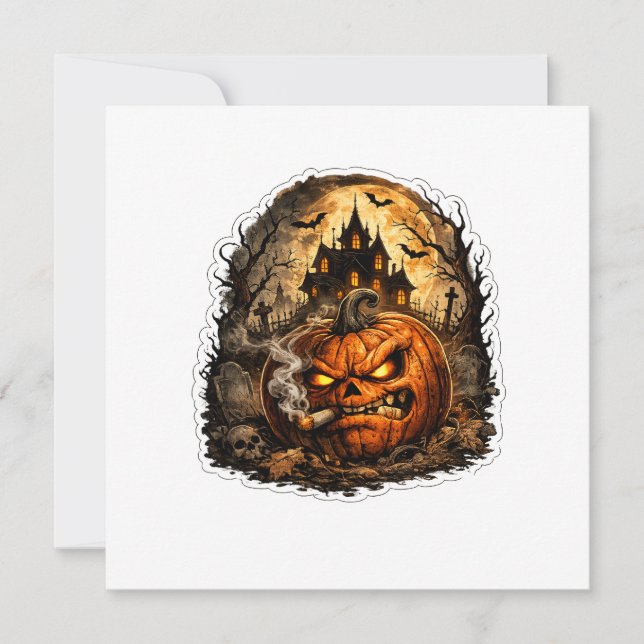 Convites 🎃 Abóbora de Halloween Zangada Adesivo | Assustad (Frente)