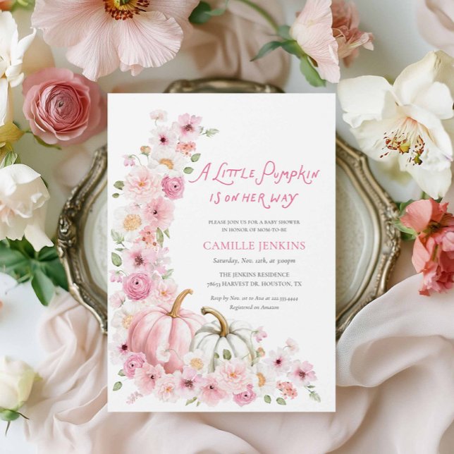 Convites Abóbora de outono Elegante e Chá de fraldas Floral (Blush Pink Pumpkins and Flowers Baby Shower Invitation)