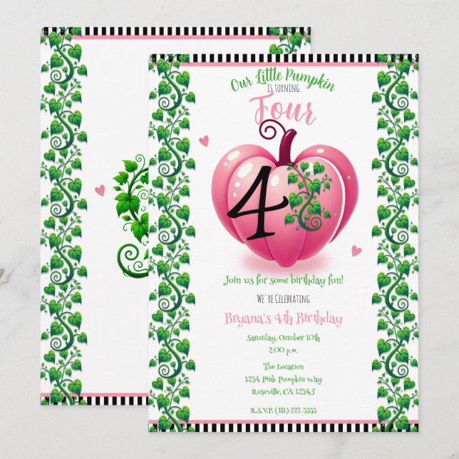 Convites Abóbora e Folhas de Coração Rosa Festa de Aniversá (Frente/Verso)
