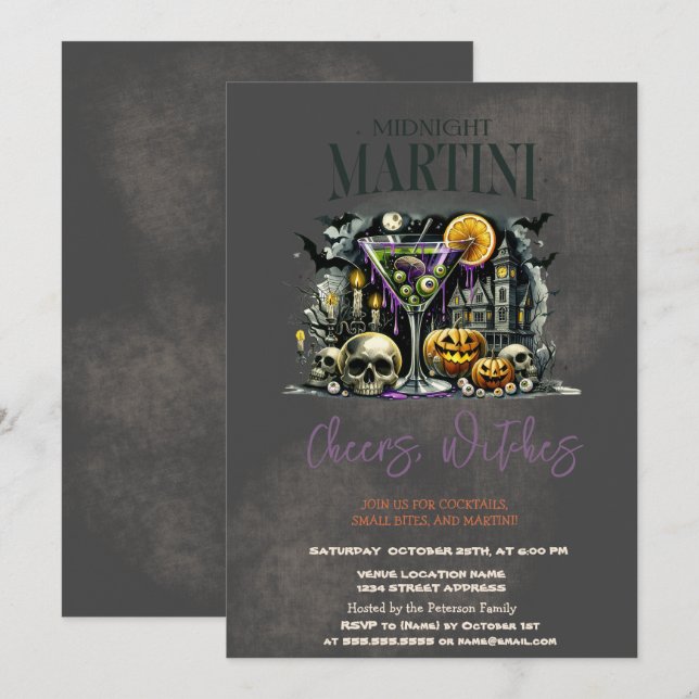 Convites Abóbora Esqueleto Crânio Martini Escuro Halloween (Frente/Verso)