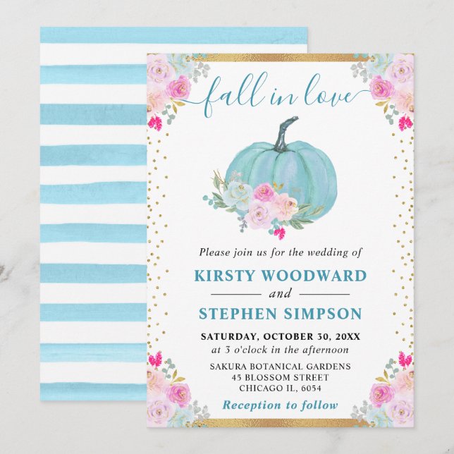 Convites Abóbora Floral Azul Casamento de Outono (Frente/Verso)