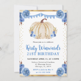 Convites Abóbora Floral Azul e Dourada Outono Aniversário d