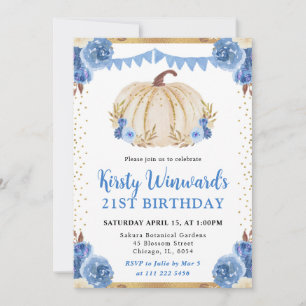 Convites Abóbora Floral Azul e Dourada Outono Aniversário d