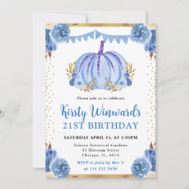 Convites Abóbora Floral Azul e Dourada Outono Aniversário d
