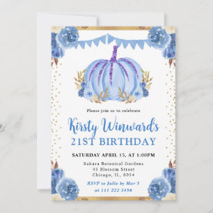 Convites Abóbora Floral Azul e Dourada Outono Aniversário d
