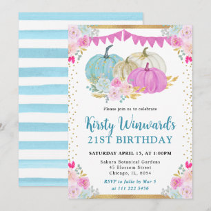Convites Abóbora Floral Azul e Rosa Outono Aniversário de 2
