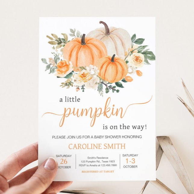 Convites Abóbora Floral de Outono Laranja (Fall Pumpkin Baby Shower Invitation )