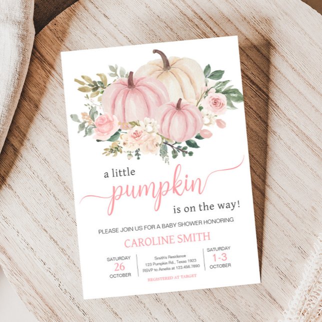 Convites Abóbora Floral Rosa de Outono (Fall Pumpkin Baby Shower Invitation
)