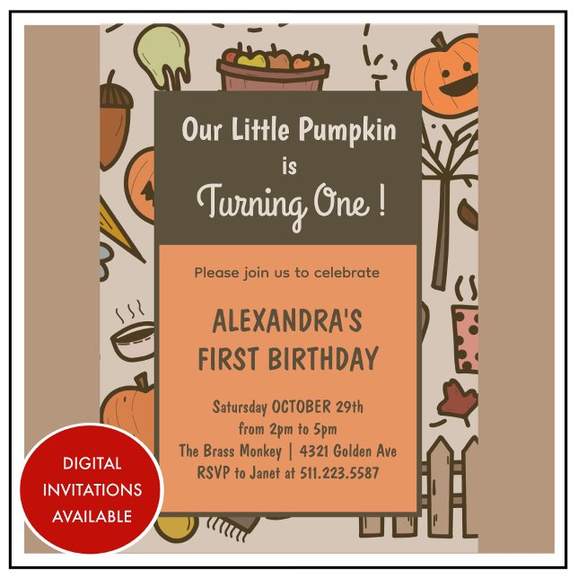 Convites Abóbora Laranja Pequena Outono Dia das Bruxas 1º a (Halloween-1st-birthday-Invitation-Little-Pumpkin-Orange-Fall-1)
