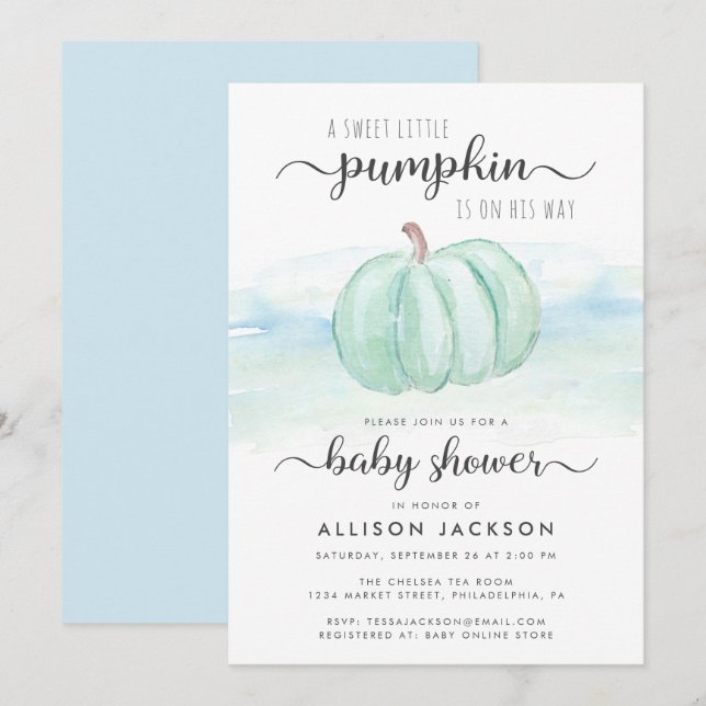 Convites Abóbora Mint Blue Watercolor Baby Boy Chá (Frente/Verso)