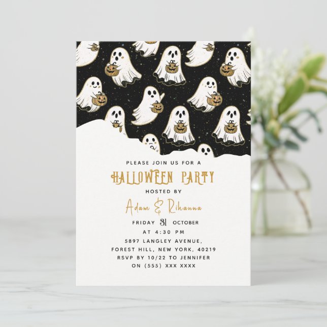 Convites Abóbora Moderna e Fantasma de Halloween (Em pé/Frente)