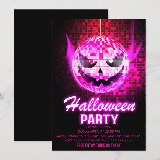 Convites Abóbora Neon Rosa Bola de Discoteca Halloween (Frente/Verso)