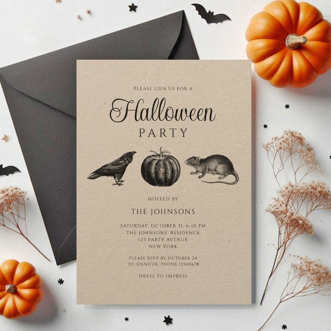 Convites Abóbora Preta Elegante Vintage Halloween (Elegant Vintage Black Pumpkin Halloween Invitation)