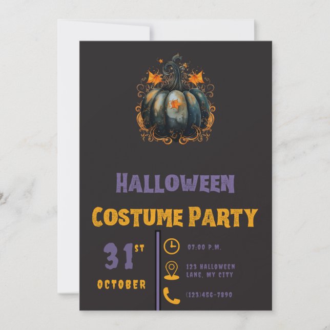 Convites Abóbora Preta Folhas Douradas Halloween Preto Mode (Frente)