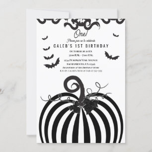 Convites Abóbora Preto e Branco Halloween 1º Aniversário