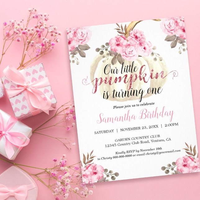 Convites Abóbora Que Torna Uma Aquarela Floral (Our little pumpkin is turning one so celebrate with this fall-inspired floral baby shower invitation)