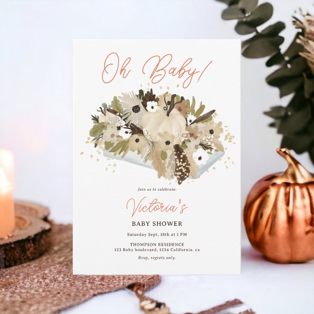 Convites Abóbora russa neutra floral Oh chá de fraldas (Rustic pumpkin floral neutral Oh baby shower Invitation)