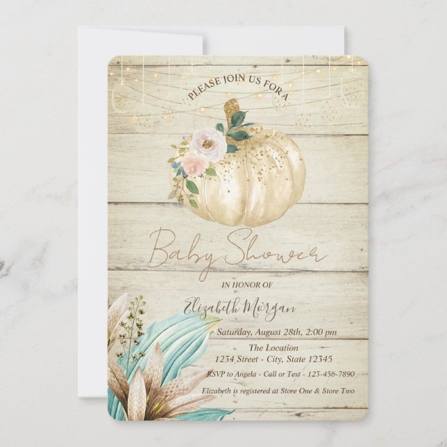 Convites Abóbora, Textura de Madeira, Flores Boho Chá de Be (Frente)