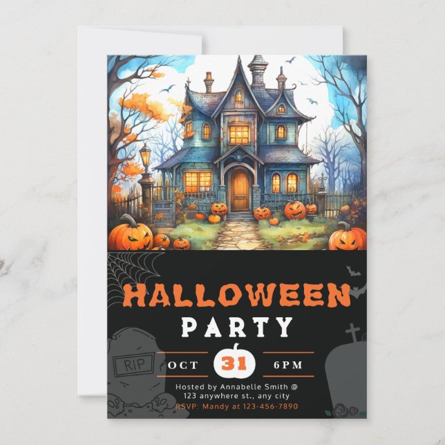 Convites Abóboras de Halloween Pretas Casa de Campo America (Frente)