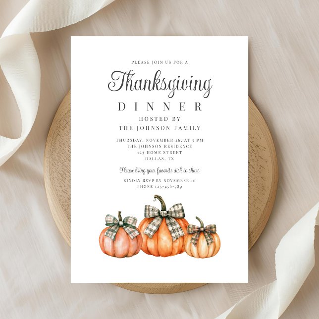 Convites Abóboras de Thanksgiving com Laço Elegante (Elegant Bow Pumpkins Thanksgiving Invitation)