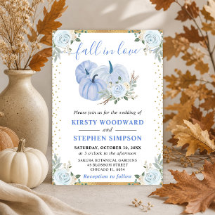 Convites Abóboras Florais Azul Pastel e Dourado Casamento d