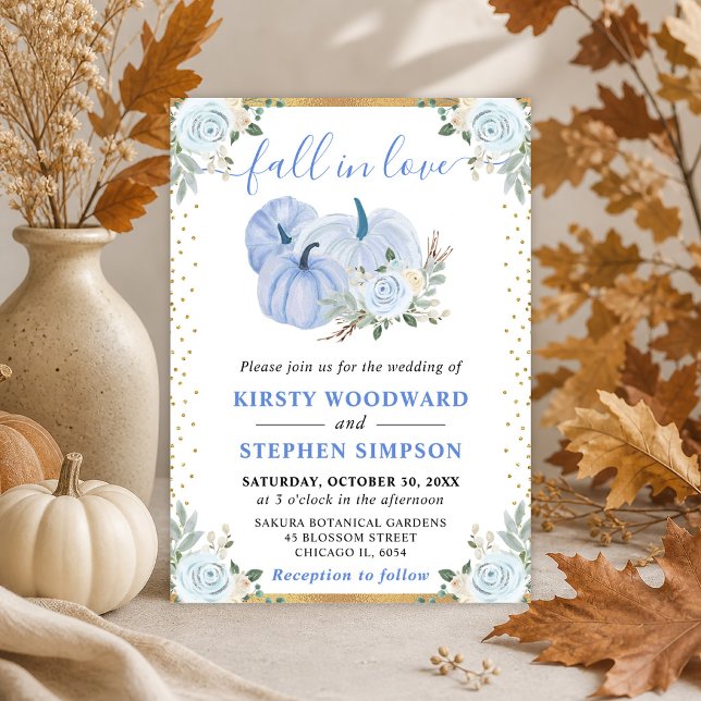 Convites Abóboras Florais Azul Pastel e Dourado Casamento d (Criador carregado)