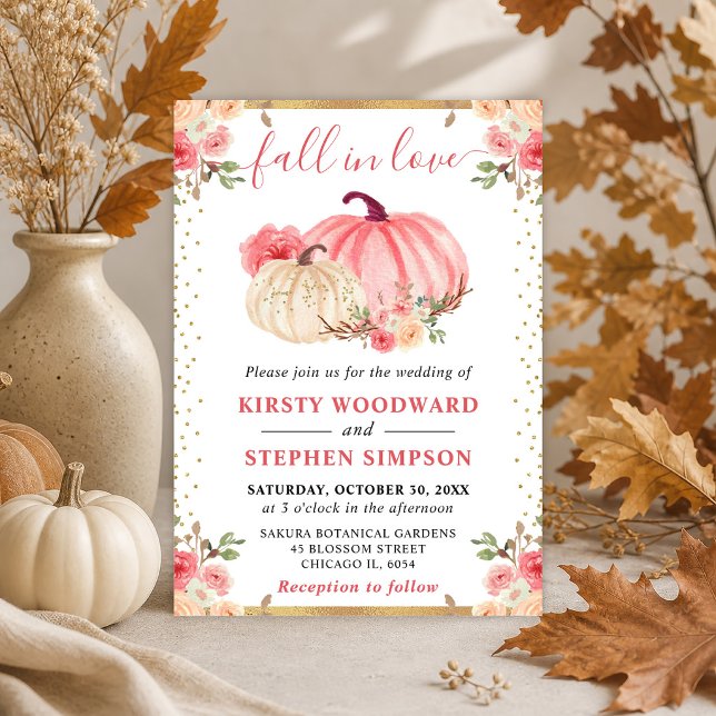 Convites Abóboras Florais Rosa e Branco Casamento de Outono (Criador carregado)