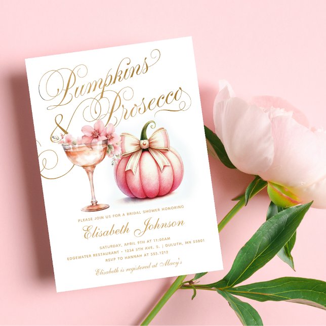 Convites Abóboras Florais Rosa e Prosecco para o Chá de Noi (Pink Floral Pumpkins and Prosecco Bridal Shower Invitation)